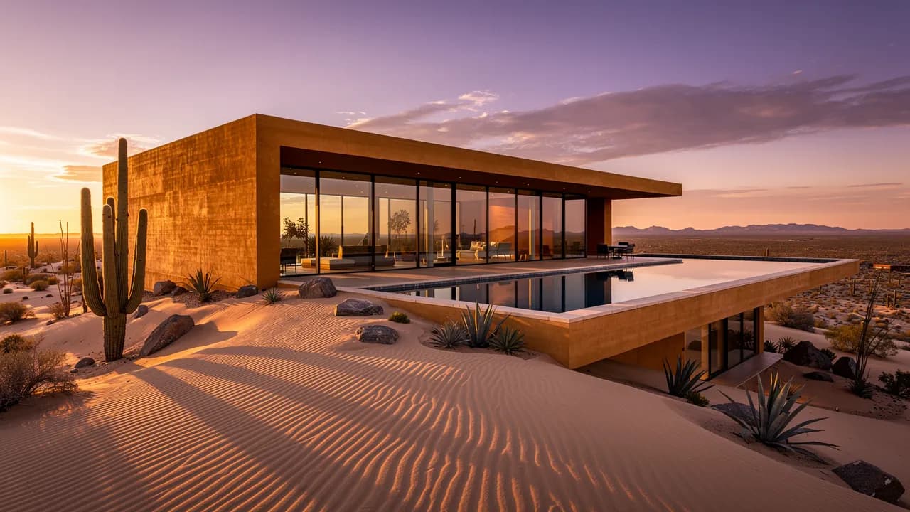 Minimalist desert villa of rammed earth and floor-to-ceiling glass cantilevered over a dune ridge at golden hour, infinity pool mirroring a violet-orange sky, long saguaro shadows across rippled sand, architectural digest photography, ultra wide