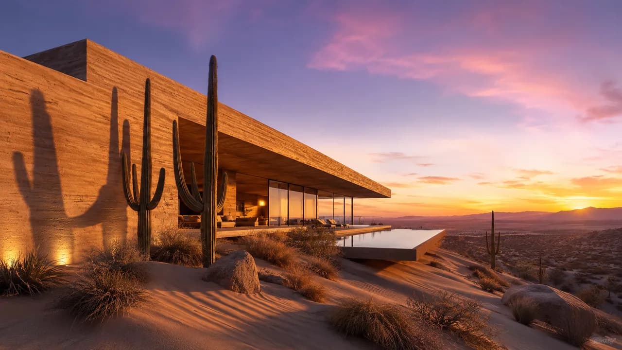 Minimalist desert villa of rammed earth and floor-to-ceiling glass cantilevered over a dune ridge at golden hour, infinity pool mirroring a violet-orange sky, long saguaro shadows across rippled sand, architectural digest photography, ultra wide