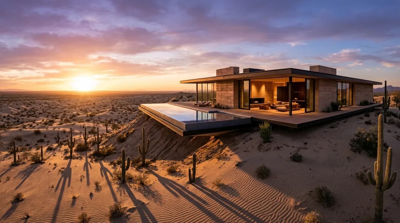 Minimalist desert villa of rammed earth and floor-to-ceiling glass cantilevered over a dune ridge at golden hour, infinity pool mirroring a violet-orange sky, long saguaro shadows across rippled sand, architectural digest photography, ultra wide