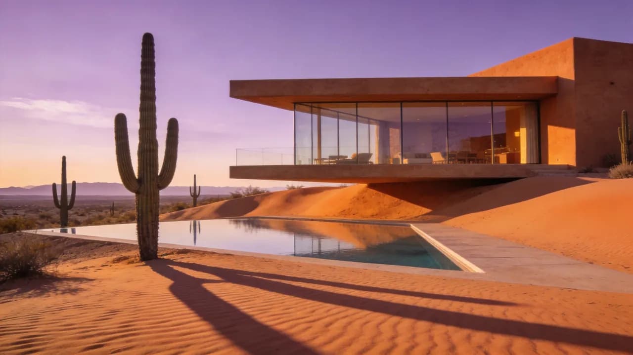 Minimalist desert villa of rammed earth and floor-to-ceiling glass cantilevered over a dune ridge at golden hour, infinity pool mirroring a violet-orange sky, long saguaro shadows across rippled sand, architectural digest photography, ultra wide