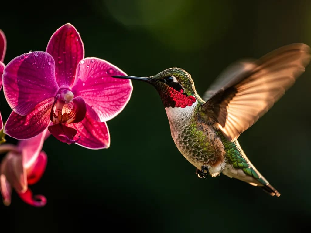 Macro photograph of a ruby-throated hummingbird frozen mid-hover beside a fuchsia orchid, wings blurred into translucent arcs, iridescent feathers catching morning sun, dark green bokeh background, 1/8000s shutter, National Geographic quality