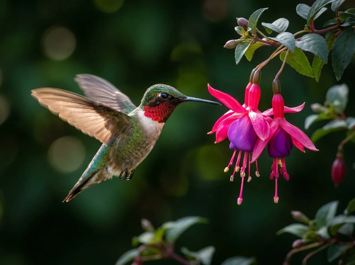 Macro photograph of a ruby-throated hummingbird frozen mid-hover beside a fuchsia orchid, wings blurred into translucent arcs, iridescent feathers catching morning sun, dark green bokeh background, 1/8000s shutter, National Geographic quality