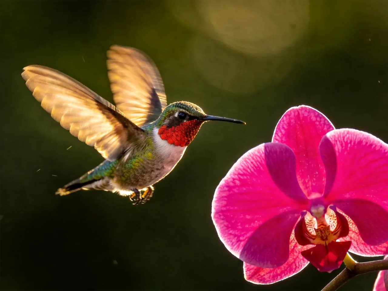 Macro photograph of a ruby-throated hummingbird frozen mid-hover beside a fuchsia orchid, wings blurred into translucent arcs, iridescent feathers catching morning sun, dark green bokeh background, 1/8000s shutter, National Geographic quality