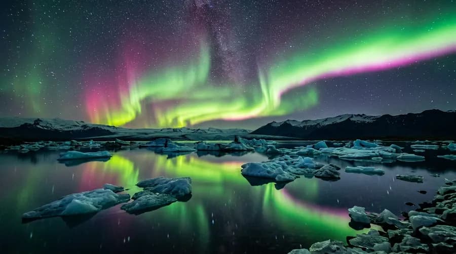 Aurora borealis in green and magenta ribbons over a mirror-still Icelandic glacier lagoon, drifting ice catching the glow, star field above, long-exposure night photography