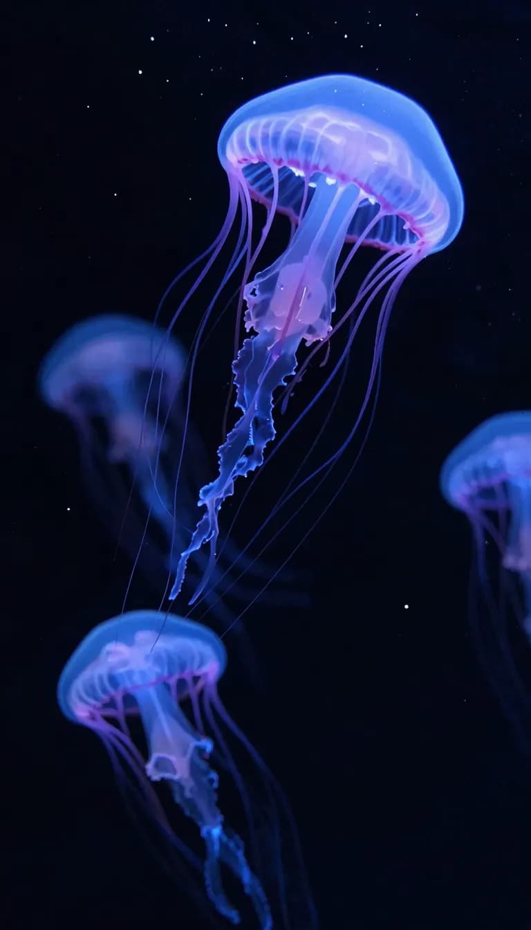 Bioluminescent jellyfish drifting through deep black water, trailing electric-blue and violet tendrils, tiny plankton sparkling like stars around it, abyssal darkness, otherworldly, ultra detailed