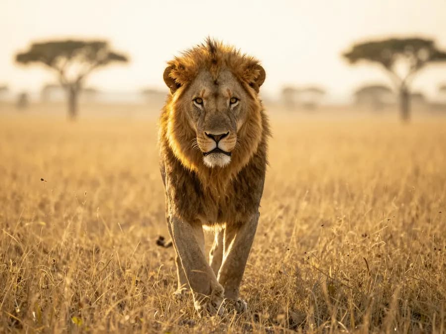 Male lion walking directly toward camera through golden savanna grass at sunrise, mane backlit into a halo, dust motes glowing, low angle wildlife photography, intense eye contact