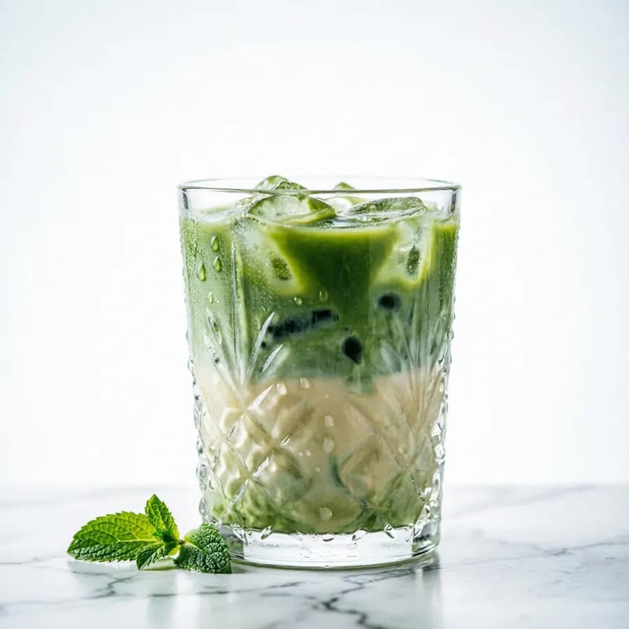 Cut-crystal glass of iced matcha latte on white marble, backlit so the layers glow jade and cream, condensation droplets, a single mint leaf, editorial beverage photography, razor sharp