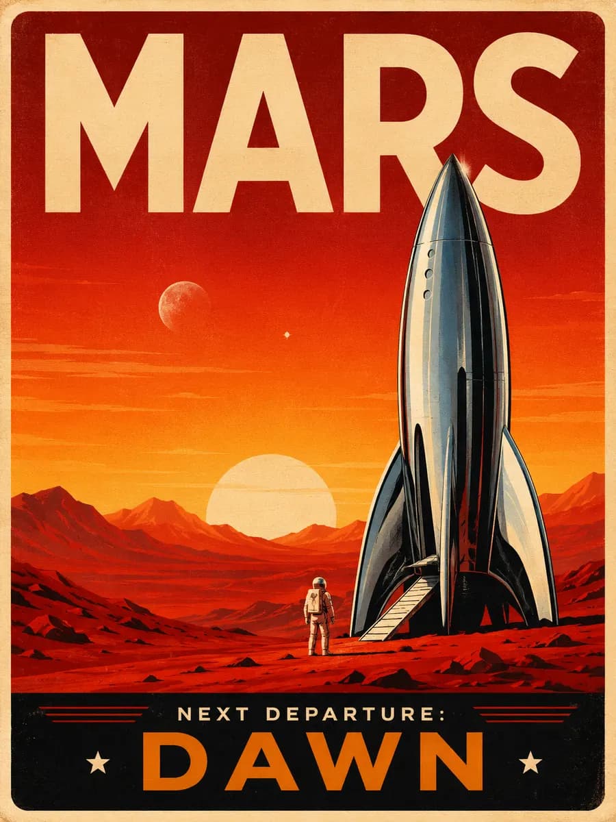 Retro-futuristic travel poster for Mars, bold clean typography reading "MARS" at the top and "NEXT DEPARTURE: DAWN" at the bottom, red dunes and a chrome rocket, sunset gradient, screen-print texture, flat graphic style