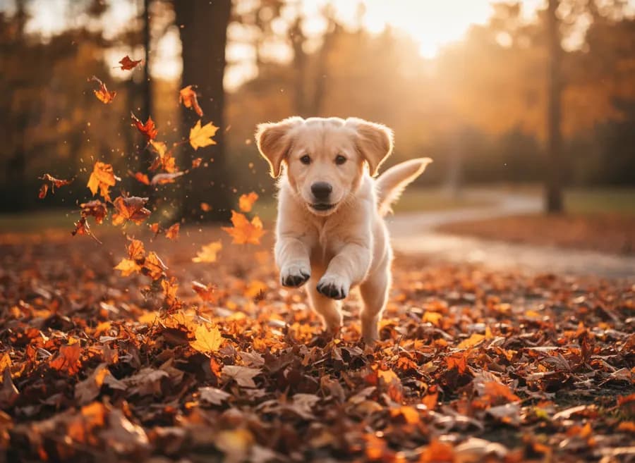 Golden retriever puppy caught mid-leap through a drift of autumn leaves, low camera angle, leaves exploding outward, backlit by warm afternoon sun, tack-sharp eyes, joyful energy