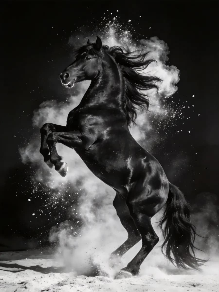 Studio photograph of a black Friesian stallion rearing, mane whipping through a cloud of white dust, frozen by strobe light against a matte black background, every muscle and dust particle sharp, dramatic and powerful