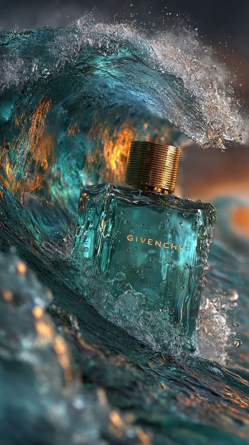 Fragrance bottle surrounded by teal water and ice textures