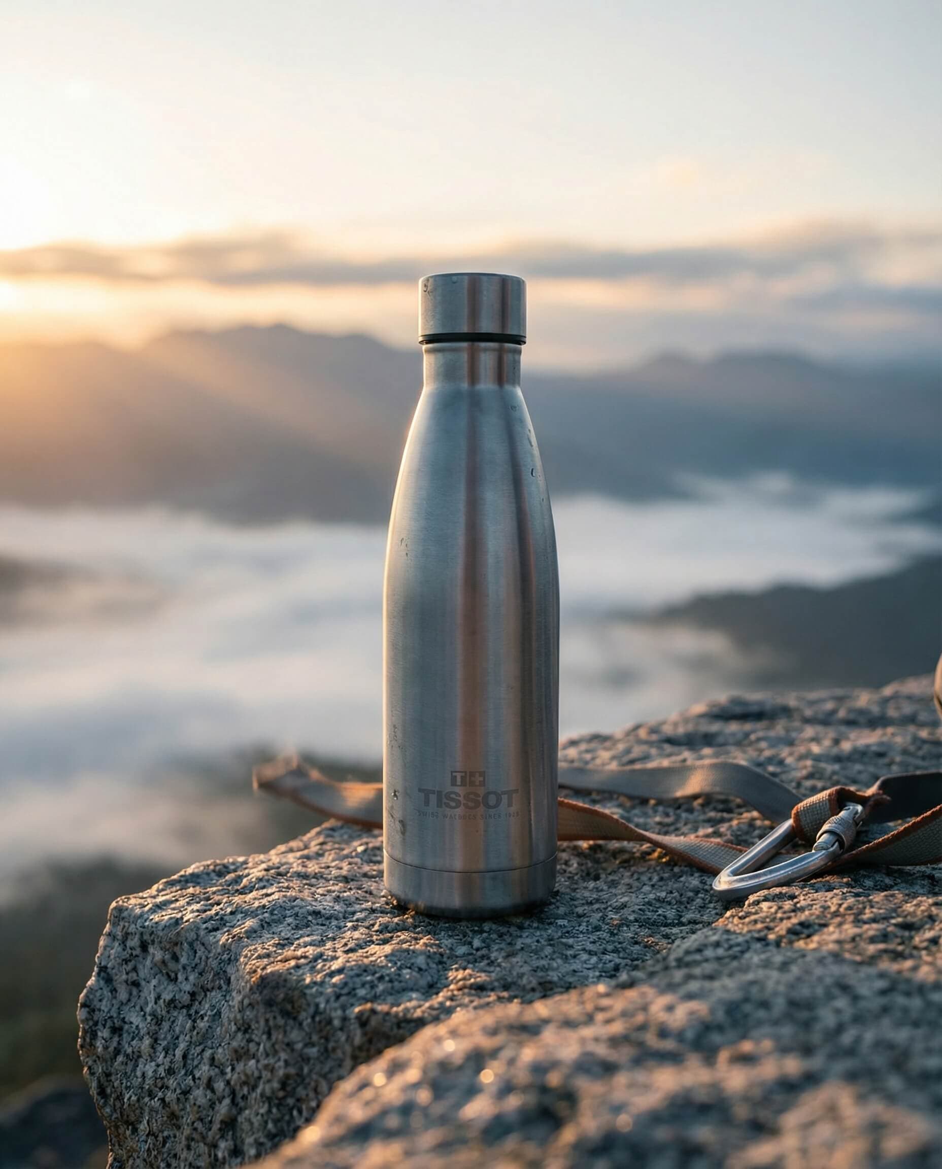 Stainless steel water bottle on a rock with mountains behind