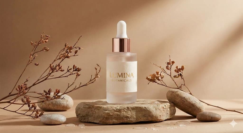 Minimal product shot of a small dropper bottle on linen with dried branches