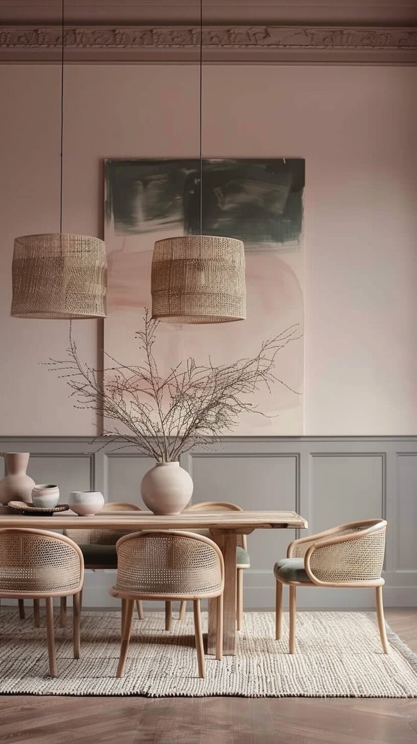Minimalist dining room with light wood chairs and framed art