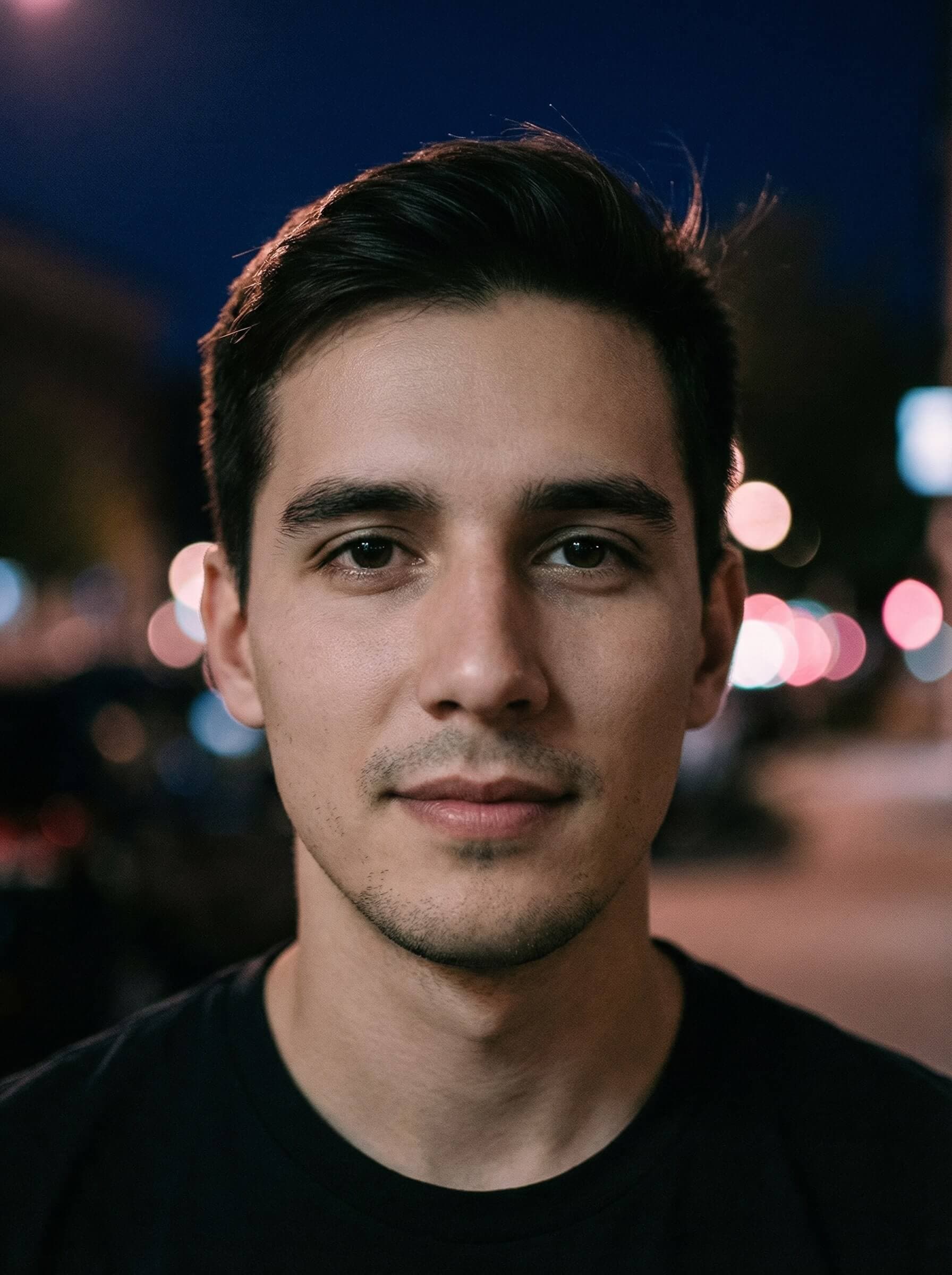 Portrait of a person with city lights in the background