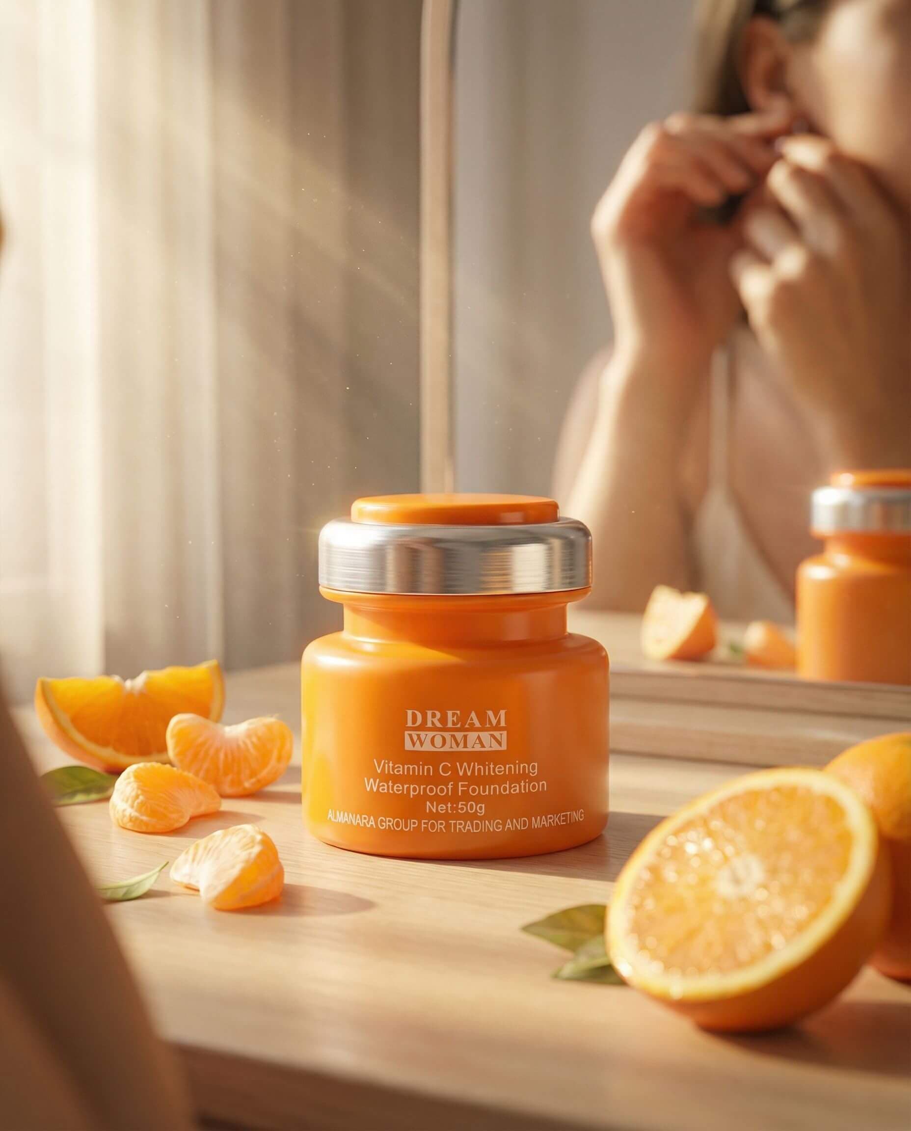 Skincare jar with sliced oranges on a sunlit vanity