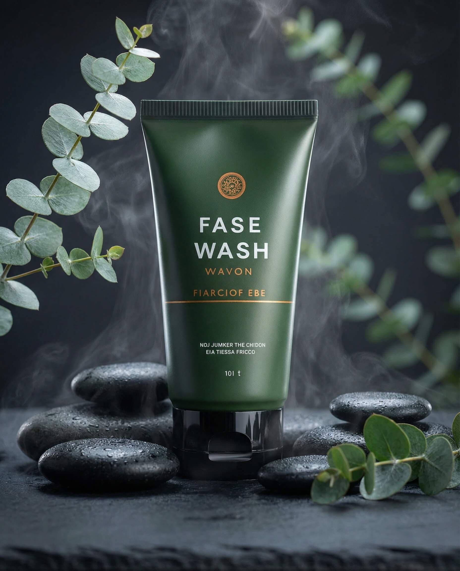 Face wash tube styled with stones and eucalyptus leaves