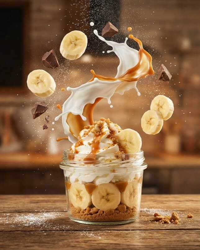 Dessert parfait with banana slices and milk splash