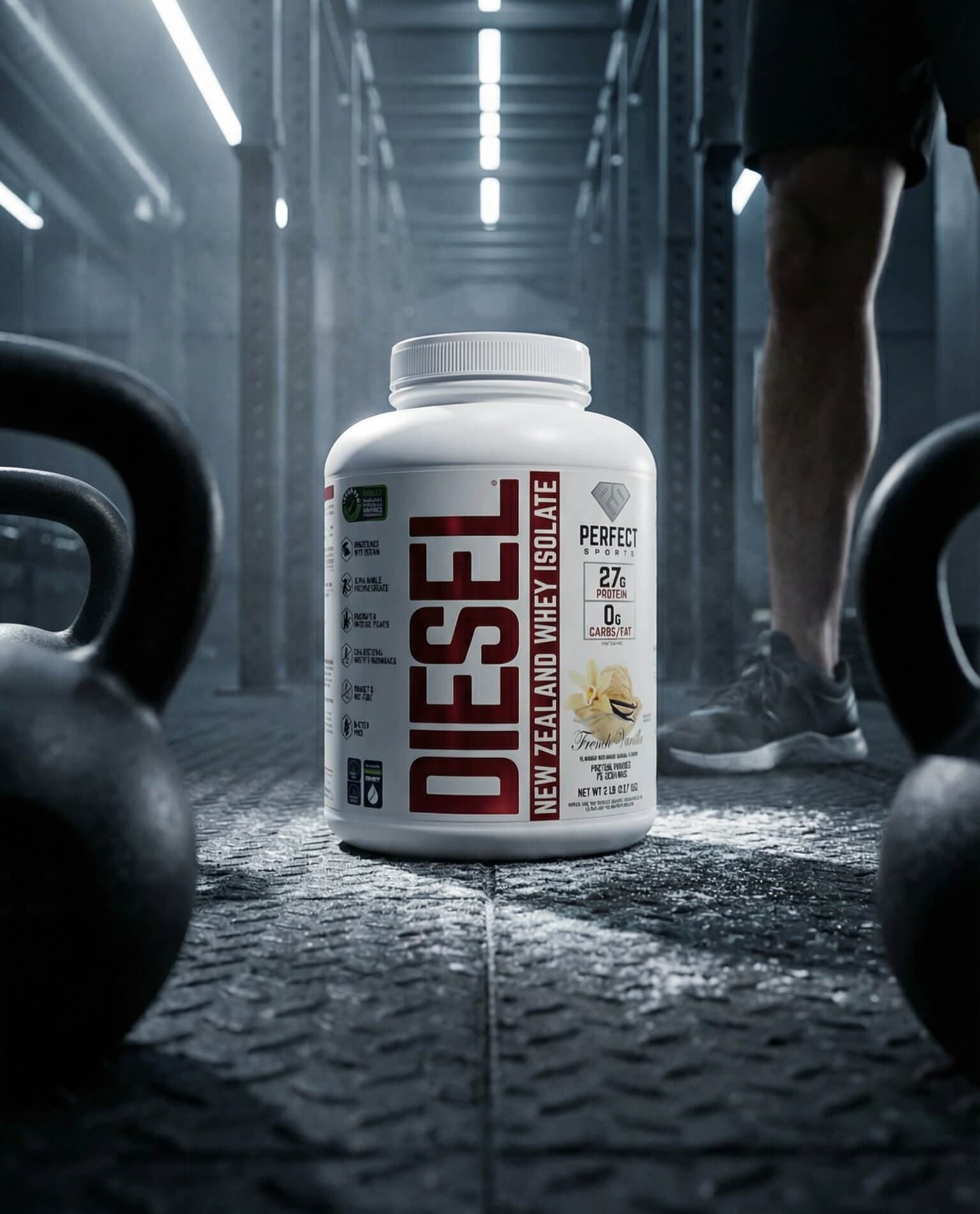 White supplement bottle labeled “DIESEL” on a gym floor