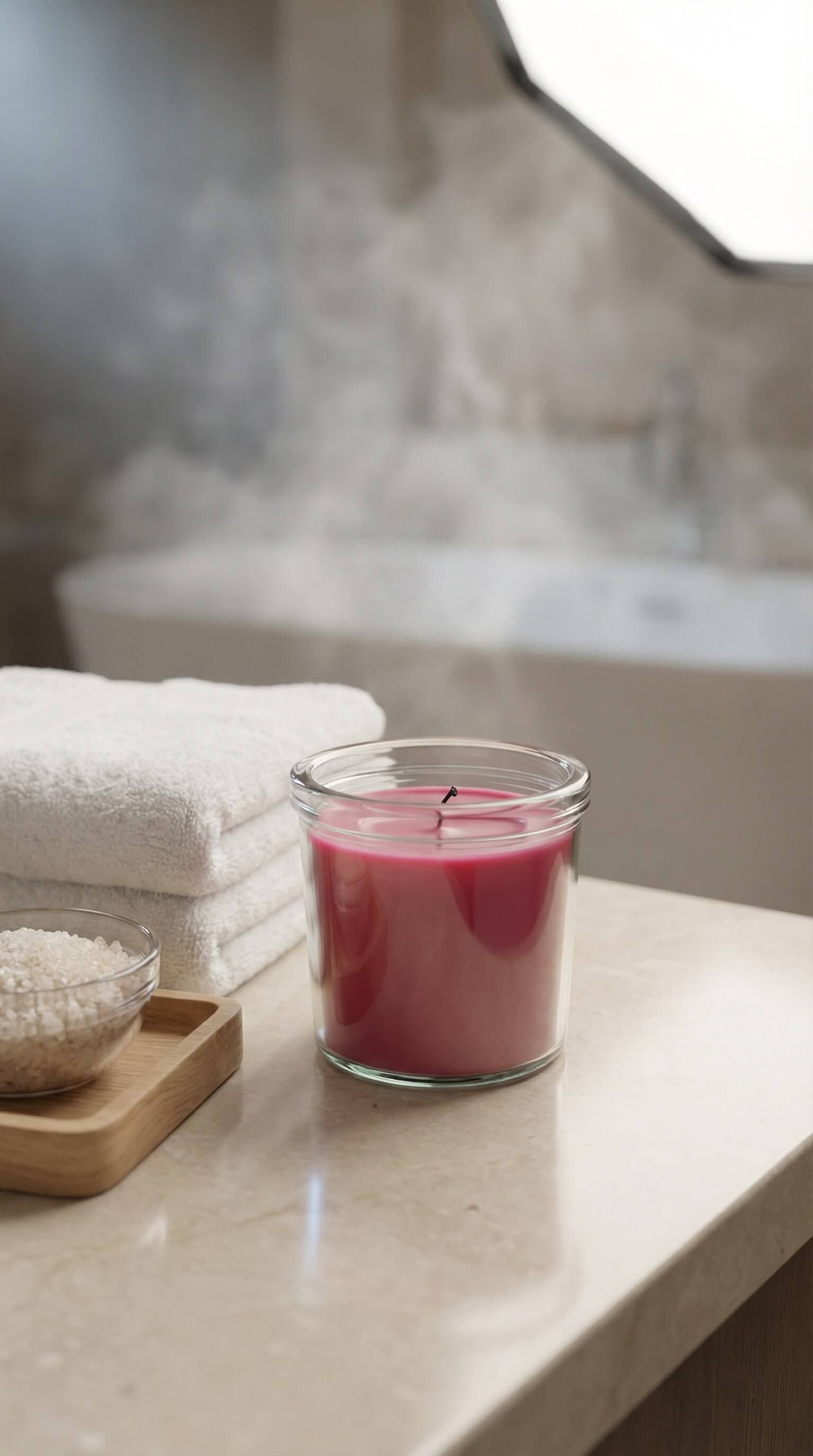 Spa-style scene with folded towels and a pink candle