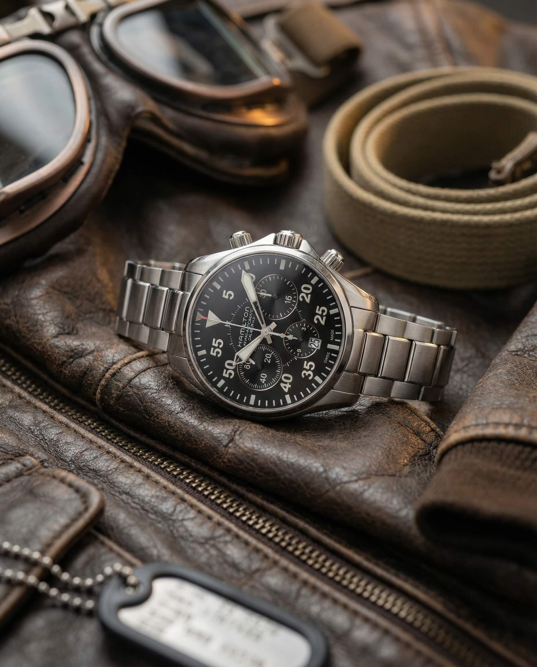 Luxury wristwatch on leather goods with travel accessories