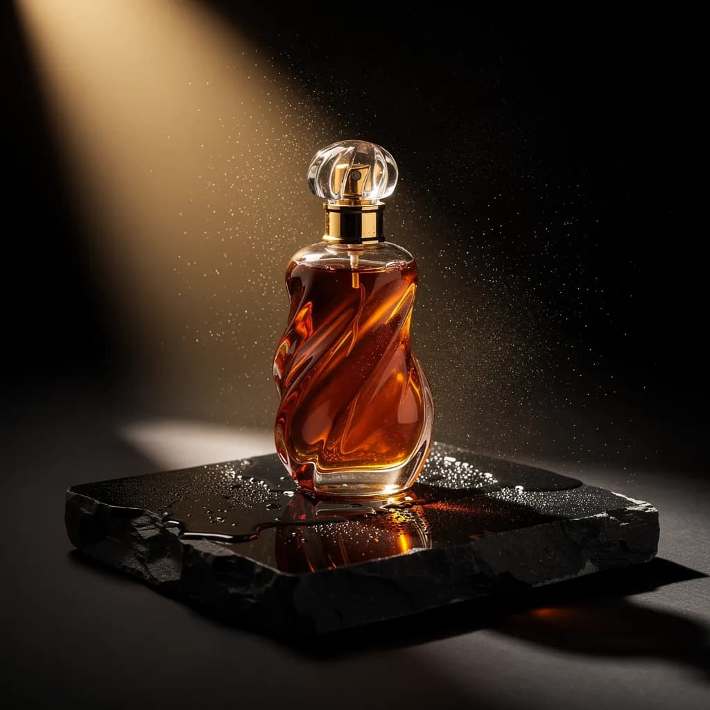 Studio product photograph of a sculptural glass perfume bottle filled with amber liquid, standing on a wet black stone slab, single dramatic beam of warm light, fine mist droplets suspended in the air, deep shadows, luxury advertising photography, ultra sharp