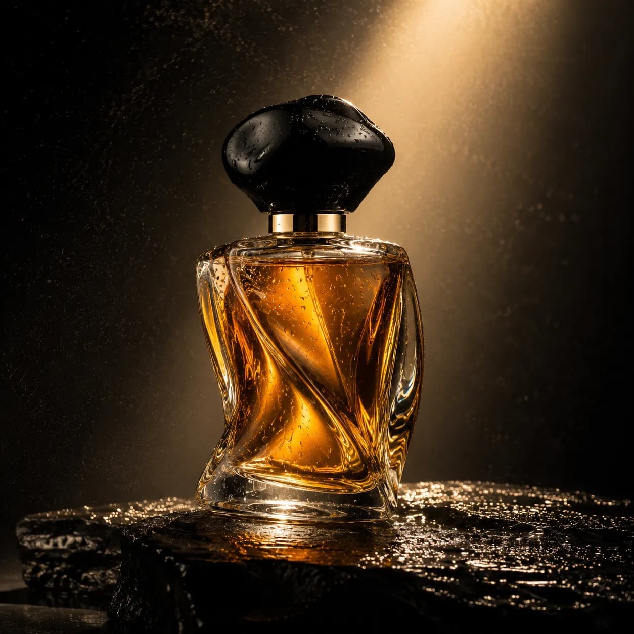 Studio product photograph of a sculptural glass perfume bottle filled with amber liquid, standing on a wet black stone slab, single dramatic beam of warm light, fine mist droplets suspended in the air, deep shadows, luxury advertising photography, ultra sharp