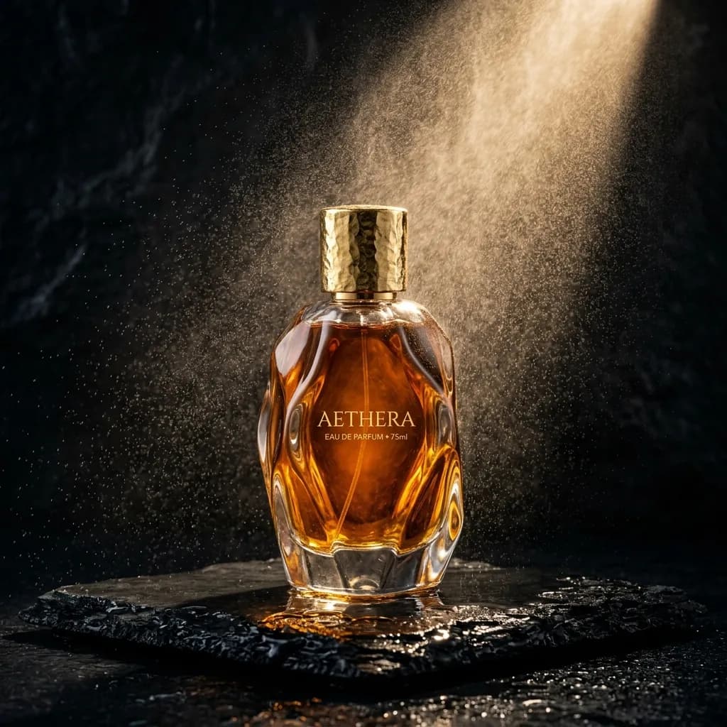 Studio product photograph of a sculptural glass perfume bottle filled with amber liquid, standing on a wet black stone slab, single dramatic beam of warm light, fine mist droplets suspended in the air, deep shadows, luxury advertising photography, ultra sharp