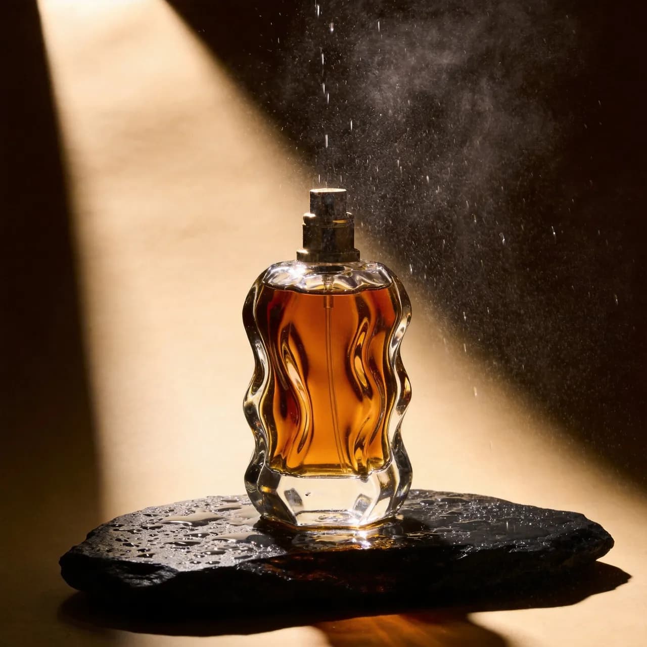 Studio product photograph of a sculptural glass perfume bottle filled with amber liquid, standing on a wet black stone slab, single dramatic beam of warm light, fine mist droplets suspended in the air, deep shadows, luxury advertising photography, ultra sharp