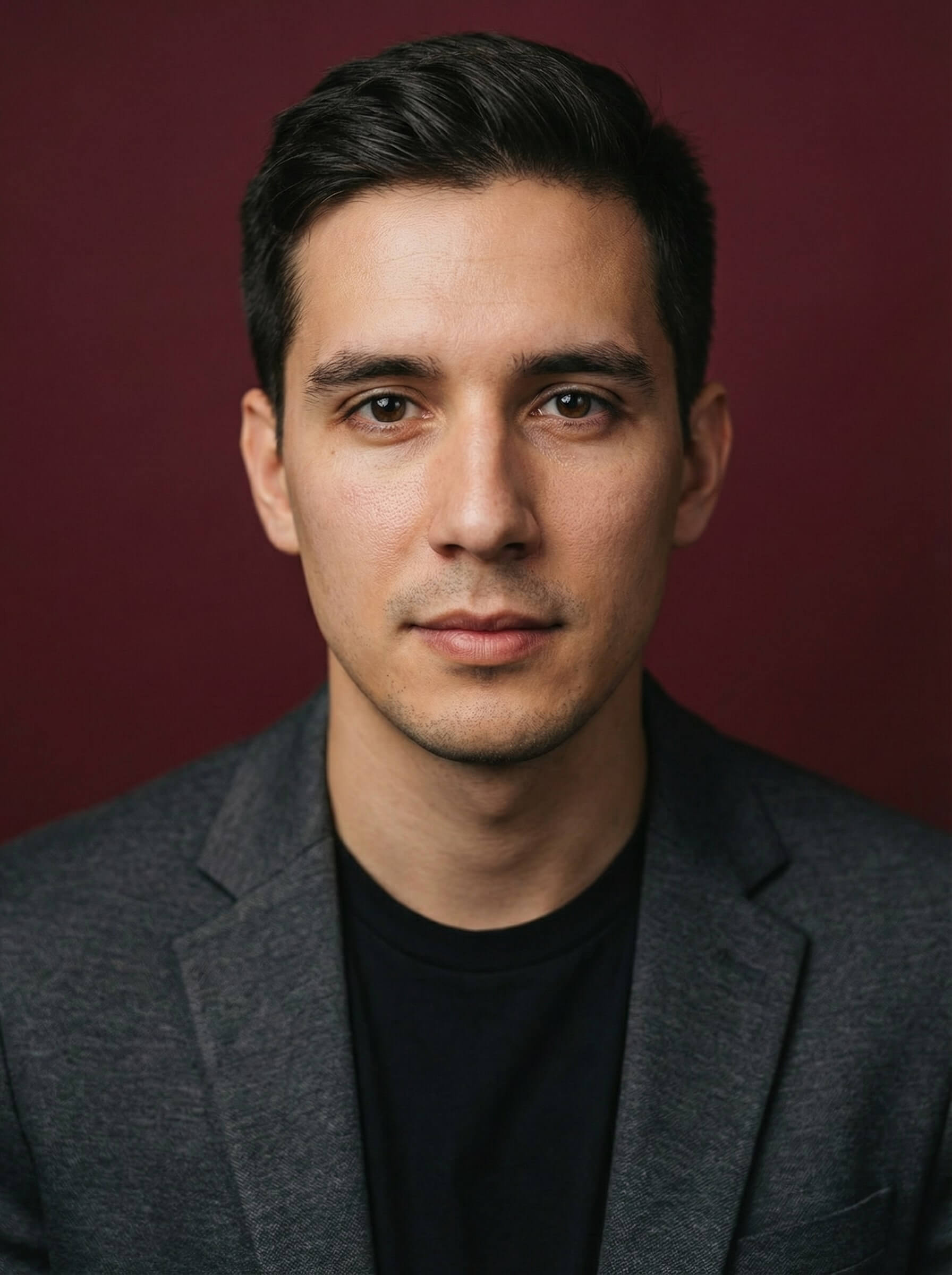 Studio headshot in a blazer on a deep red background