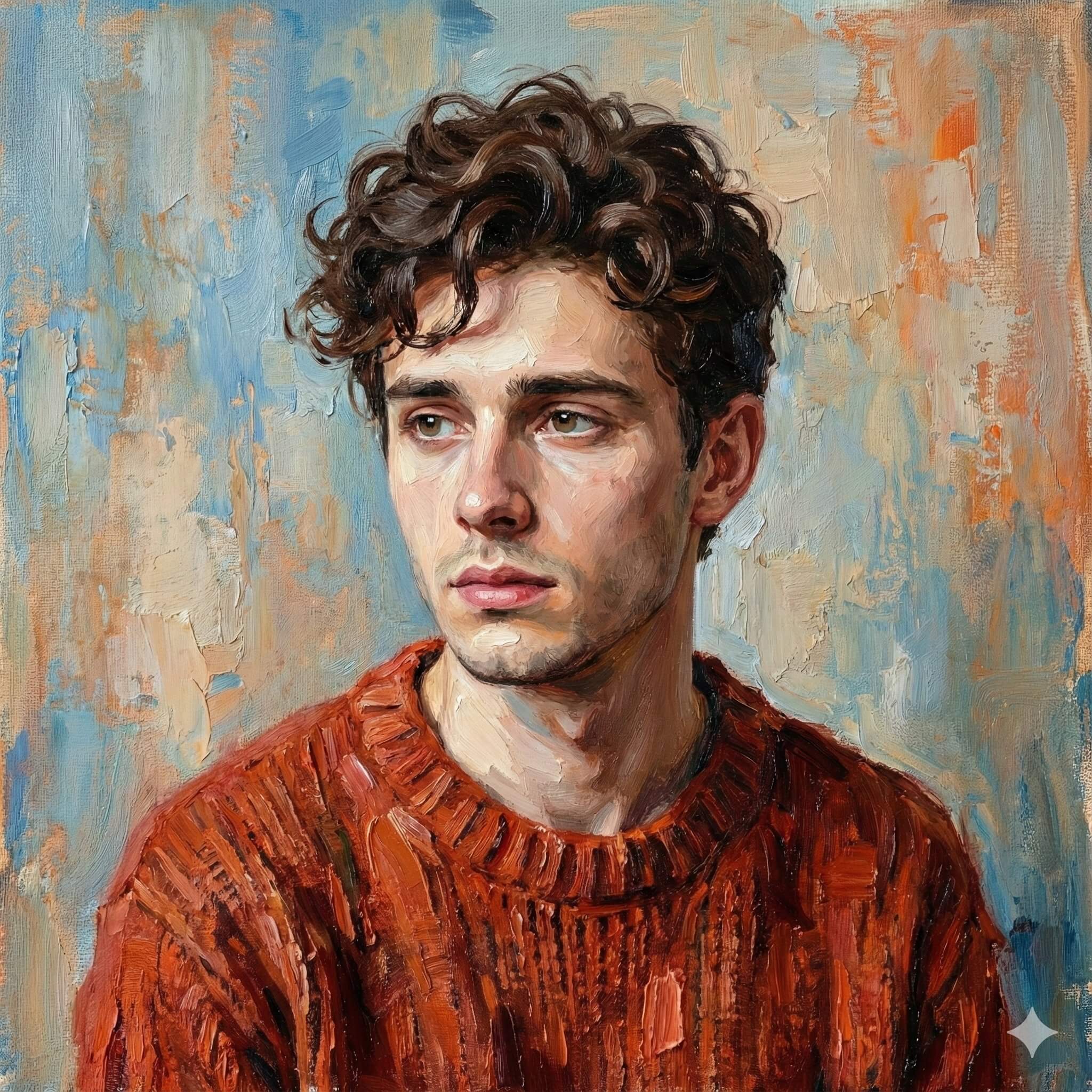 Painting-style portrait of a person in an orange sweater