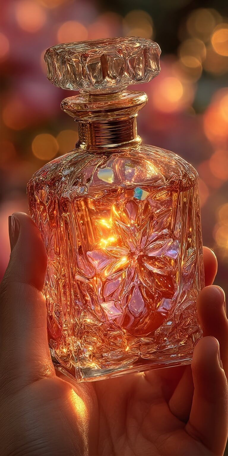 Ornate perfume bottle held in hand with warm bokeh lights