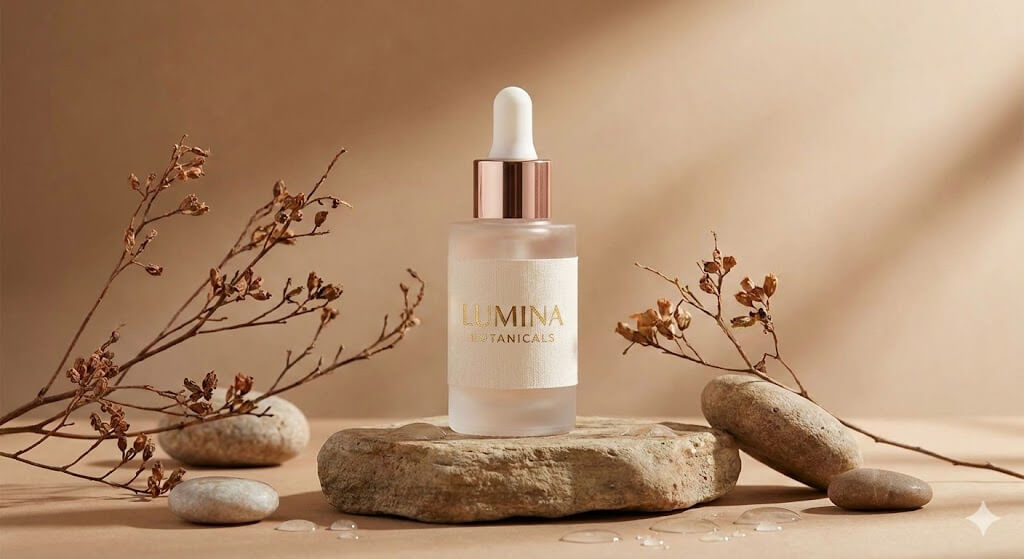 Minimal product shot of a small dropper bottle on linen with dried branches