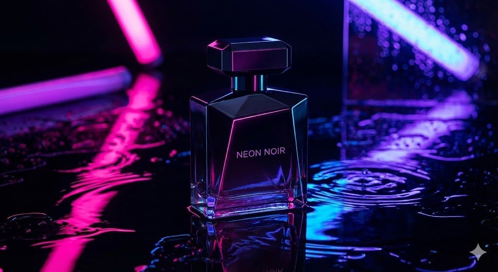 Fragrance bottle on a wet surface with purple and blue neon lights