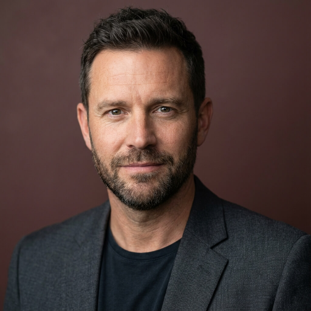 Studio portrait of a person in a blazer against a dark background