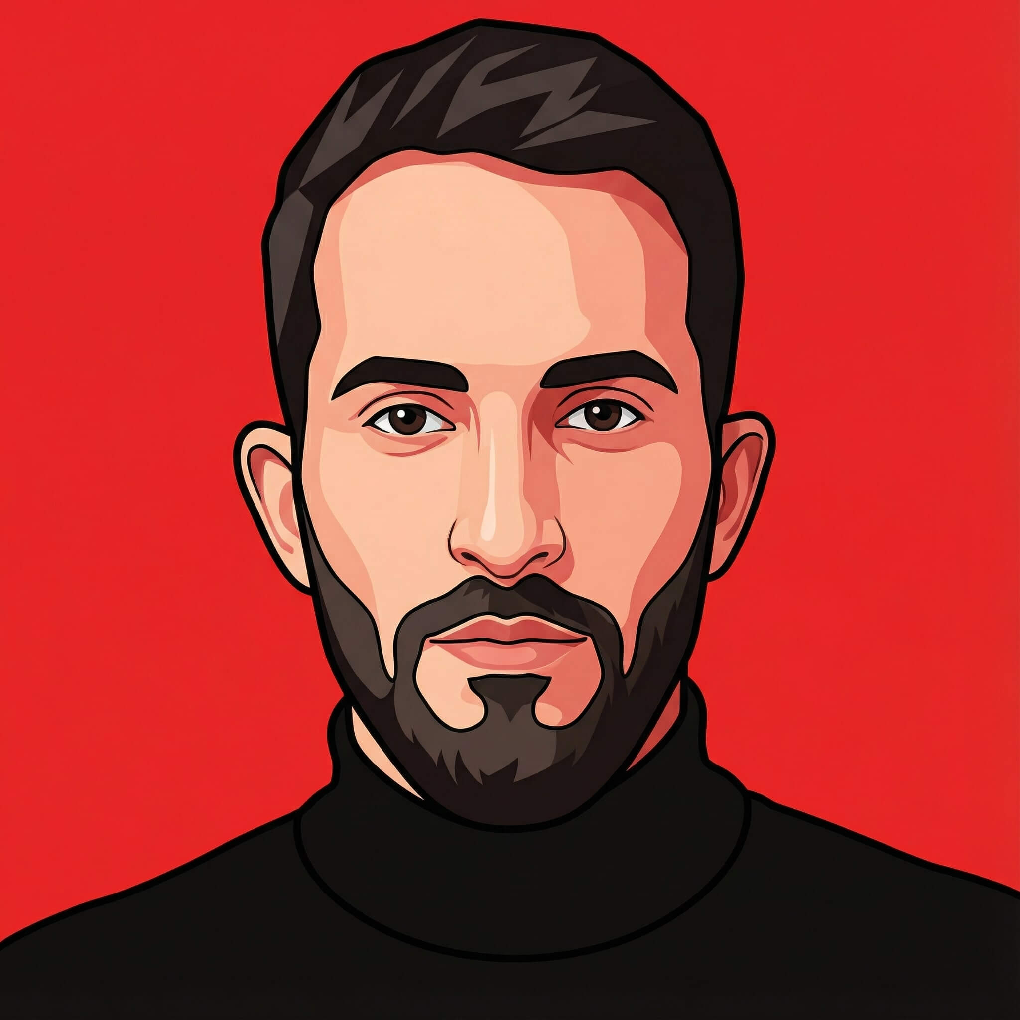 Illustrated avatar portrait on a red background