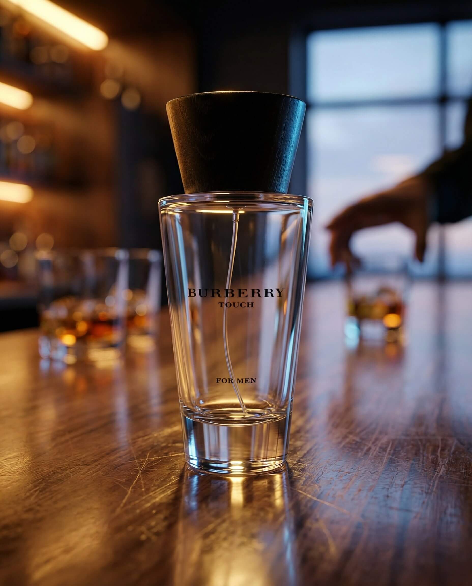 Cocktail glass on a bar counter with warm bokeh lights