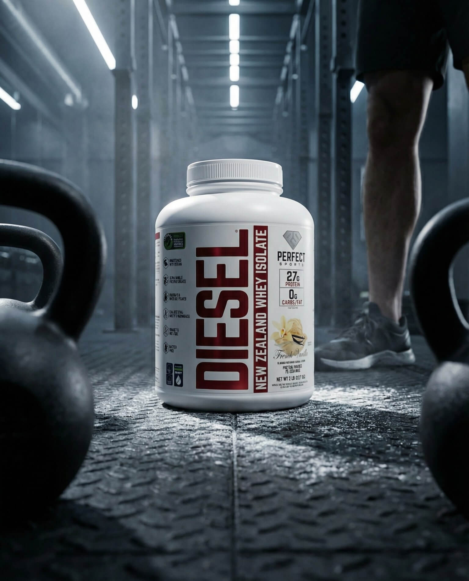 White supplement bottle labeled “DIESEL” on a gym floor