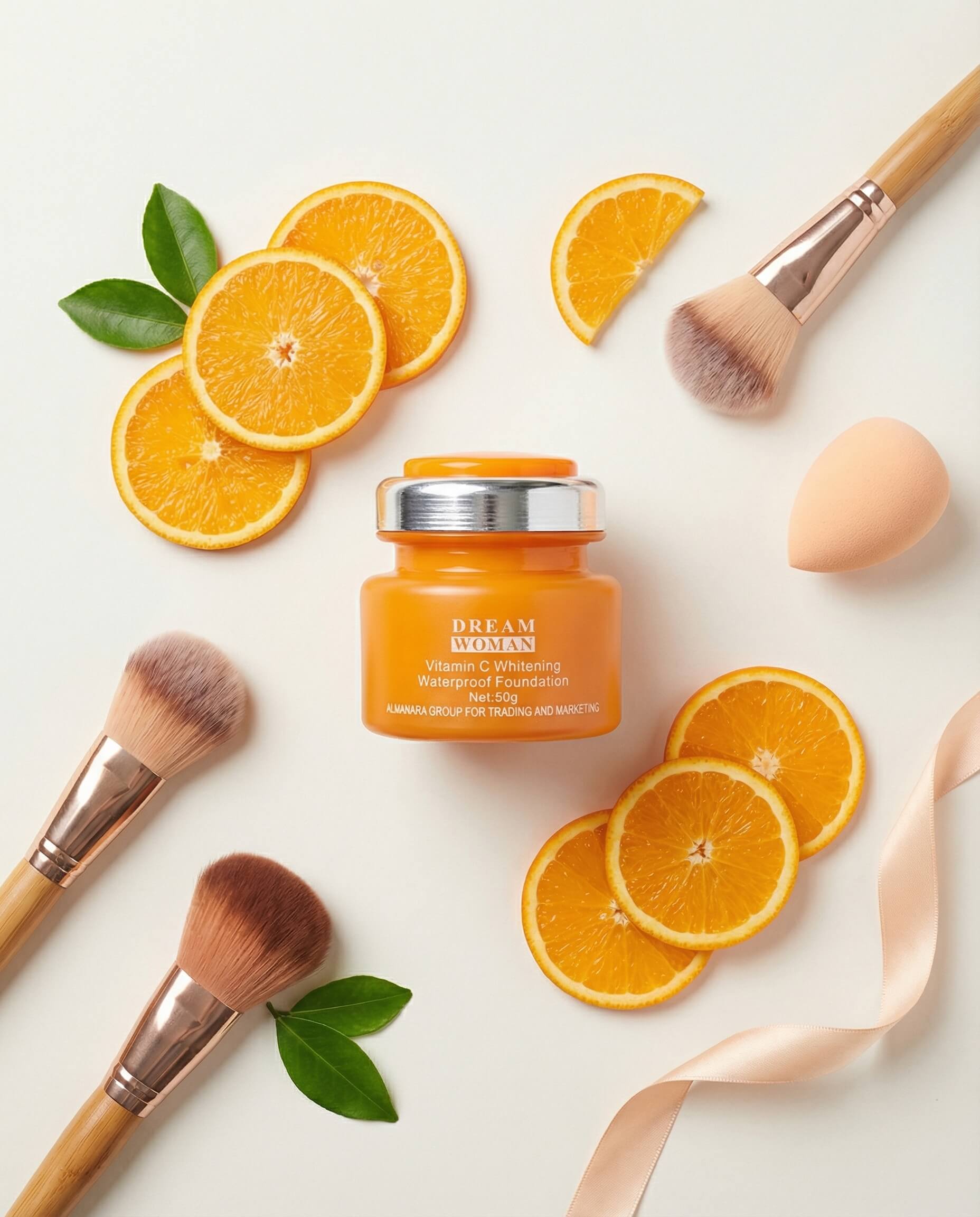 Orange skincare jar surrounded by orange slices and makeup brushes