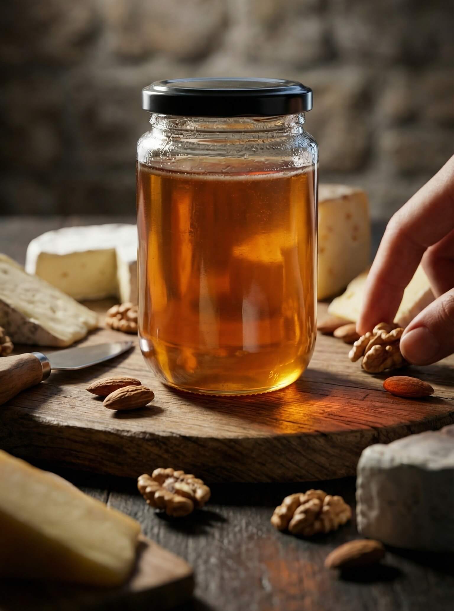 Glass jar of honey on a rustic board with nuts and cheese