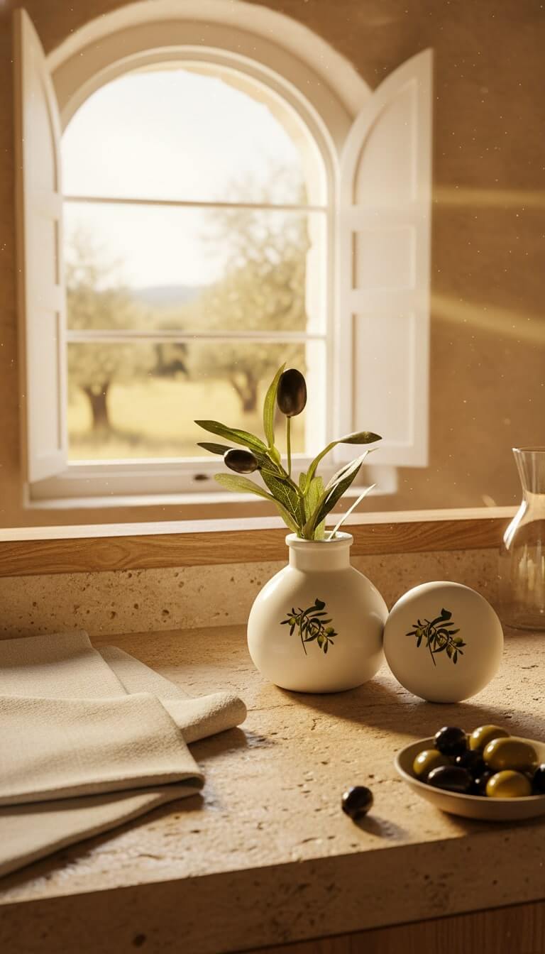 Sunlit windowsill still life with ceramic vases, a plant, and olives