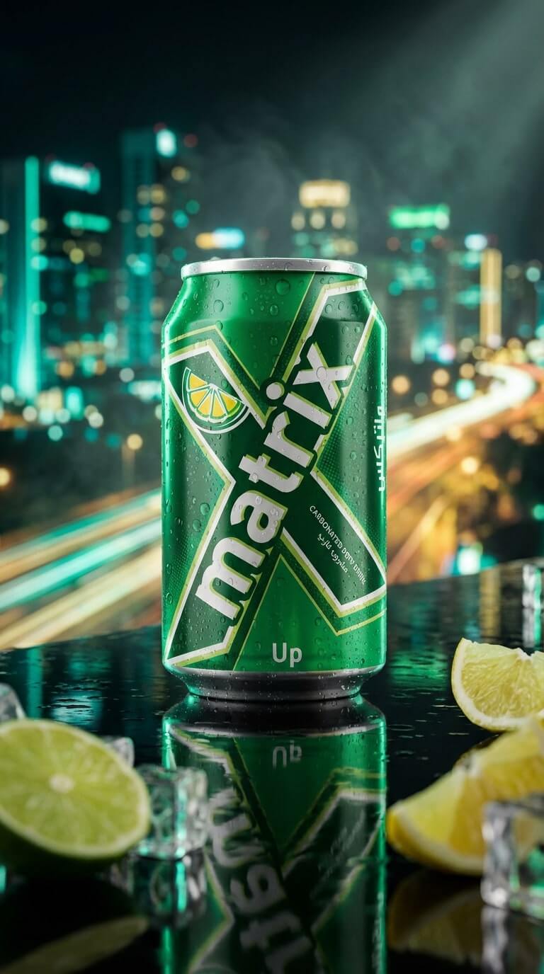 Sparkling water can with lime slices against a night city backdrop